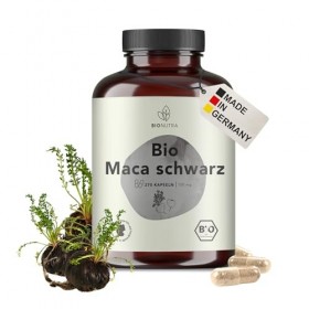 BIONUTRA® Gélules de maca noir bio hautement dosées 4200 mg/jour, contrôlées résidus, fabrication allemande, véganes, sans la