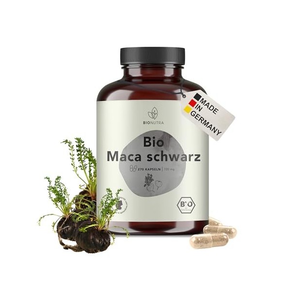 BIONUTRA® Gélules de maca noir bio hautement dosées 4200 mg/jour, contrôlées résidus, fabrication allemande, véganes, sans la