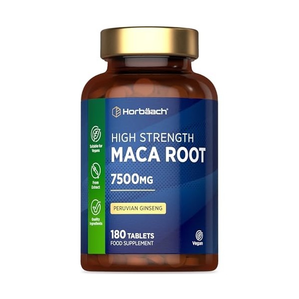 Maca Root 7500 mg | Supplément de racine de maca péruvienne haute résistance | 180 comprimés végétaliens pas de capsules | 
