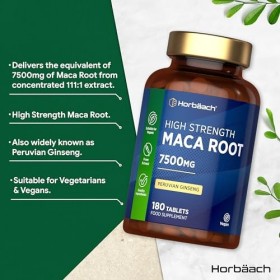 Maca Root 7500 mg | Supplément de racine de maca péruvienne haute résistance | 180 comprimés végétaliens pas de capsules | 
