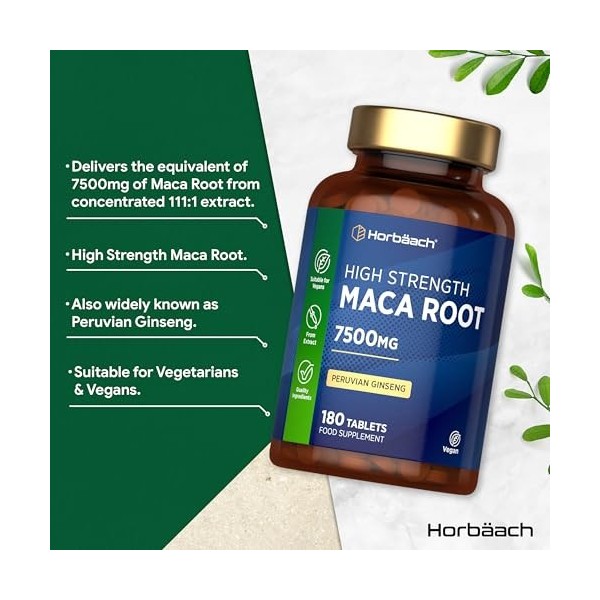 Maca Root 7500 mg | Supplément de racine de maca péruvienne haute résistance | 180 comprimés végétaliens pas de capsules | 