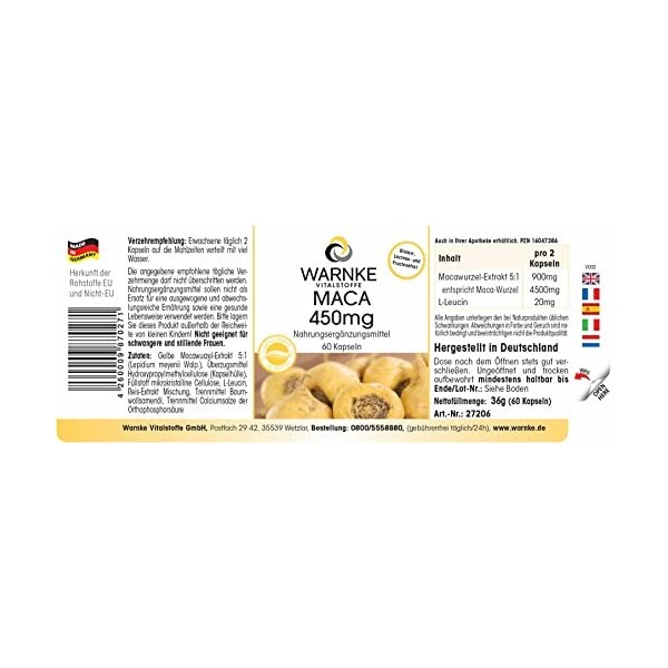 Maca 450mg - dosage élevé - végétalien - 60 gélules - racine de maca jaune | Warnke Vitalstoffe - Qualité des pharmacies alle