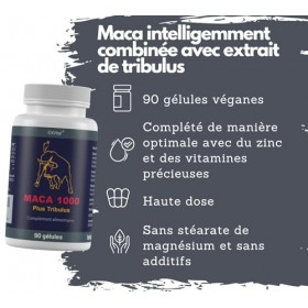 Maca 1000 plus Tribulus, Maca et Tribulus idéalement combinés dans un seul produit, 90 gélules de qualité premium, hautement 