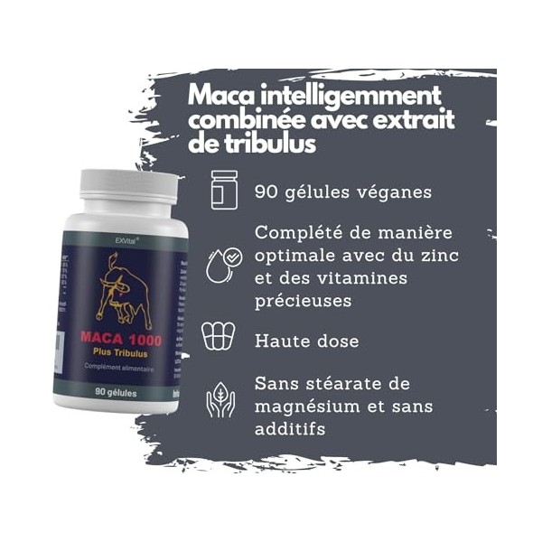 Maca 1000 plus Tribulus, Maca et Tribulus idéalement combinés dans un seul produit, 90 gélules de qualité premium, hautement 