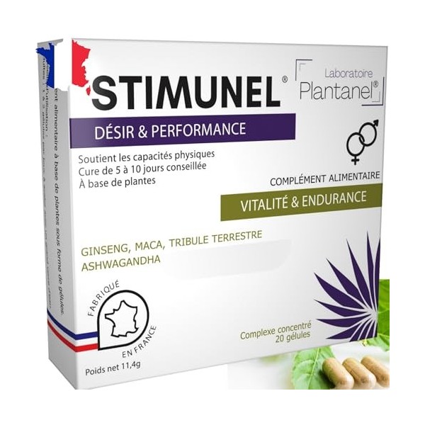Stimunel – Maca & Ginseng Ultra-Concentrés 3300 mg – Énergie, Vigueur & Endurance – Tribulus & L-Arginine – 20 Gélules – Fabr