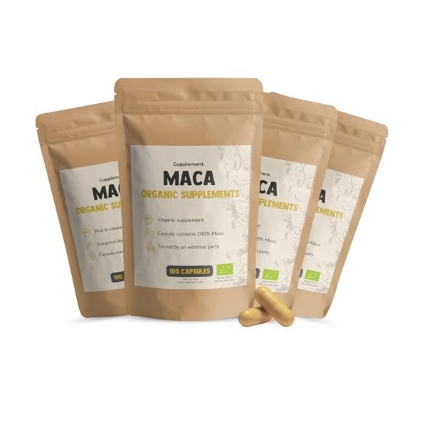 Cupplement - 4 sachets de Maca 100 Capsules - Pilulier Gratuit - Bio - 500 MG par capsule - Sans Poudre - Supplément - Racine