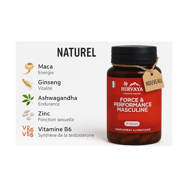 Hirvaya – Force & Performance Masculine | Maca, Ginseng, Ashwagandha & Zinc | Vitalité & Énergie Naturelles | Sans Gluten, La