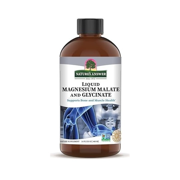 Malate de magnésium liquide et glycinate 200 mg - Favorise la santé des os et des muscles - 480 ml