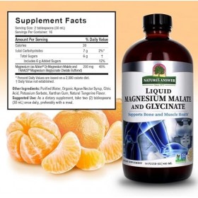Malate de magnésium liquide et glycinate 200 mg - Favorise la santé des os et des muscles - 480 ml