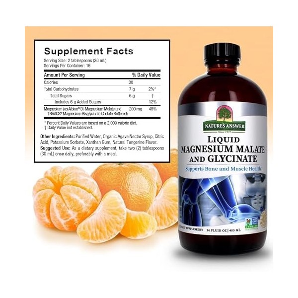 Malate de magnésium liquide et glycinate 200 mg - Favorise la santé des os et des muscles - 480 ml