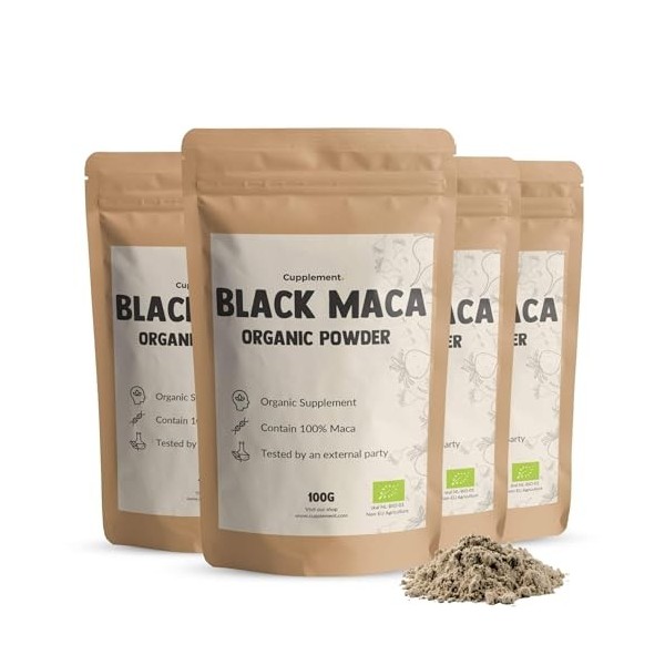 Cupplement – 4 Sachets de Poudre de Maca Noire Bio – 100 g – Avec Mousseur Offert – Sans Capsules ni Comprimés