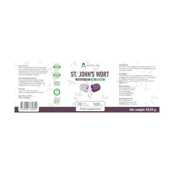 Alzuro Labs St. John’s Wort 5,000mg Equivalent 500mg 10:1 Extract – 90 Vegan Capsules | Natural Mood & Emotional Balance Su