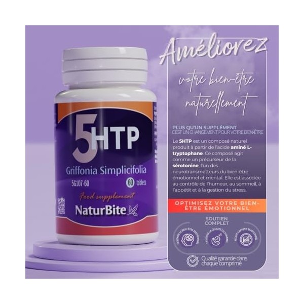 Griffonia Simplicifolia 5-Htp Naturbite 60 Comprimés. Favorise la relaxation et réduit le stress, ce qui améliore lhumeur. Mi...