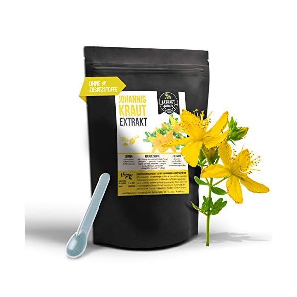 Extrait de millepertuis | 100 g de poudre | Sans additifs | Poudre dextrait Hypericum perforatum | Hautement dosé naturel vé