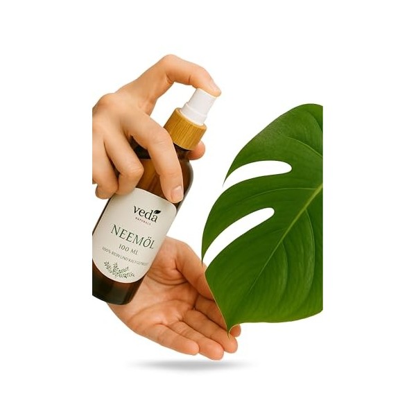 Veda Naturals® Huile de neem 100 ml pressée à froid - vierge dInde - Ayurveda - Avec pompe de pulvérisation - Sans coloran