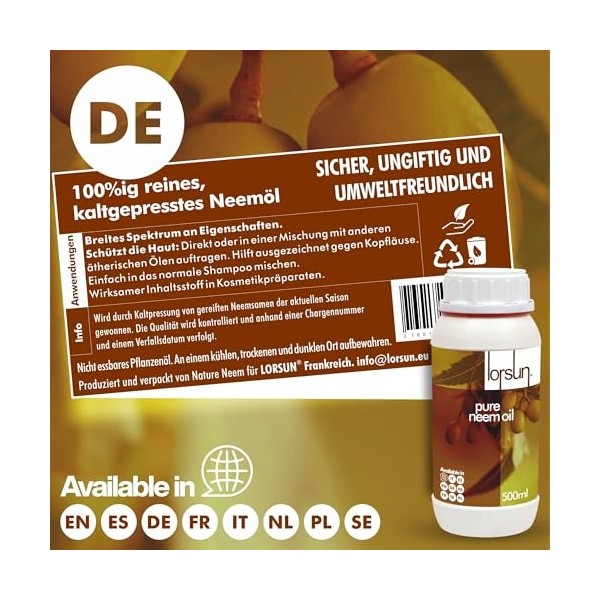 Lorsun Huile de neem pure, 100% pressée à froid - 500 ml Neem
