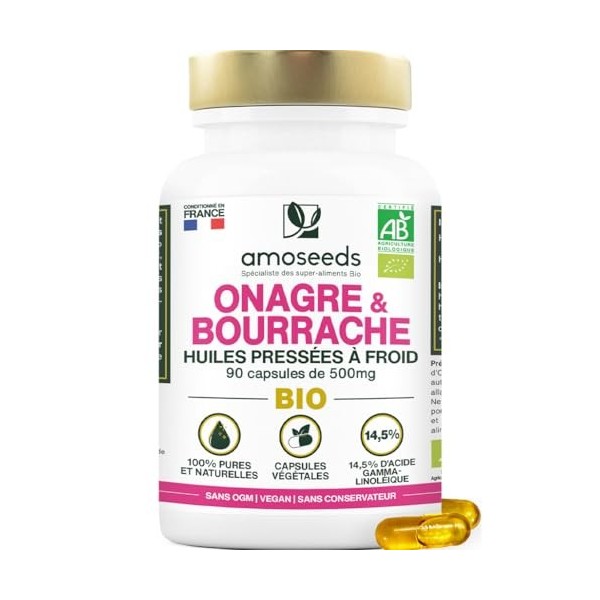 Huile d’Onagre et Bourrache BIO | Première pression à froid | 14,5% acide gamma-linoléique | 90 capsules végétales, vegan | F
