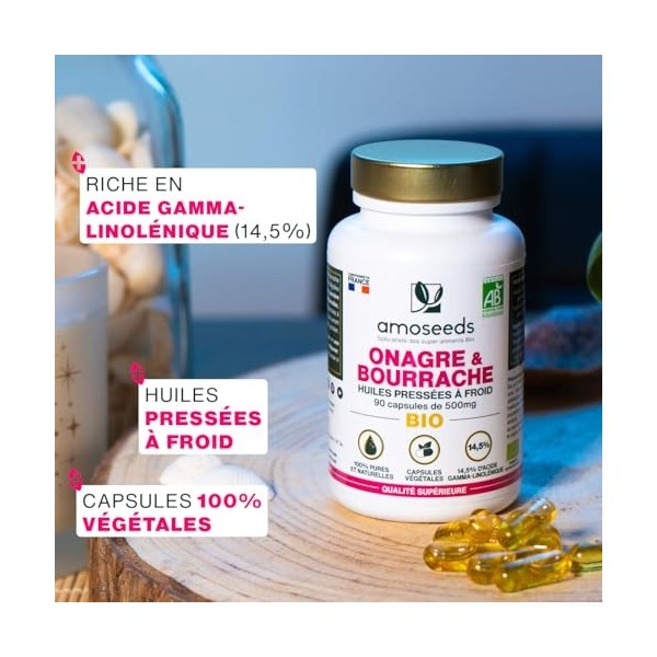 Huile d’Onagre et Bourrache BIO | Première pression à froid | 14,5% acide gamma-linoléique | 90 capsules végétales, vegan | F