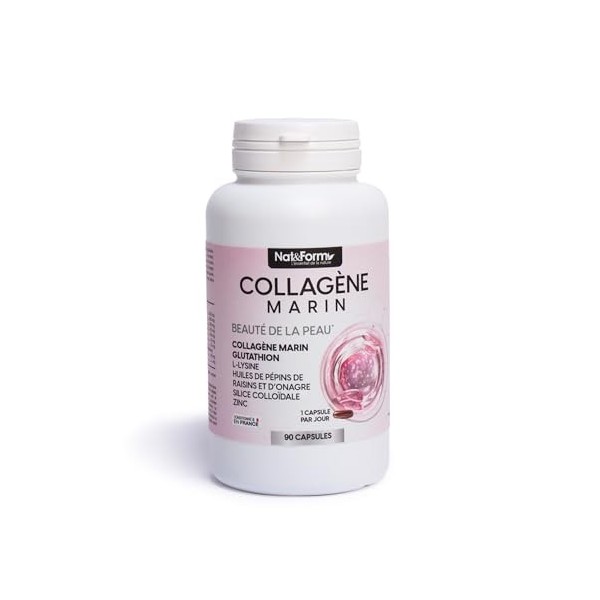 Collagène Marin - Beauté de la Peau - 90 Capsules | Glutathion, L-Lysine, Huiles de Pépins de Raisin et d’Onagre, Silice Coll