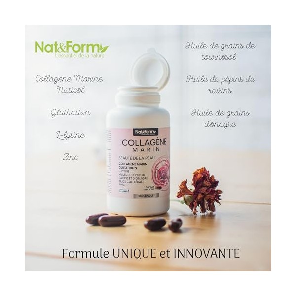 Collagène Marin - Beauté de la Peau - 90 Capsules | Glutathion, L-Lysine, Huiles de Pépins de Raisin et d’Onagre, Silice Coll