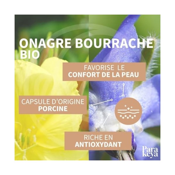 Parakeya - Onagre & Bourrache Bio 500 mg - 60 capsules - Beauté de la peau & apport en acides gras essentiels - Complément al...