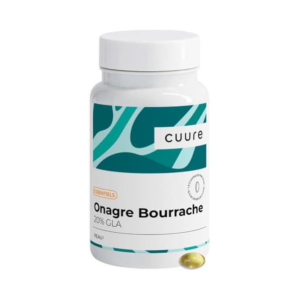 Onagre Bourrache - CUURE - Huile de Bourrache Onagre en Gélules - 30 Jours - Titré à 20% en GLA - Riche en Oméga 6 - Régulate