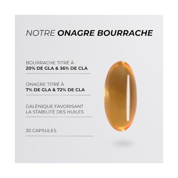 Onagre Bourrache - CUURE - Huile de Bourrache Onagre en Gélules - 30 Jours - Titré à 20% en GLA - Riche en Oméga 6 - Régulate