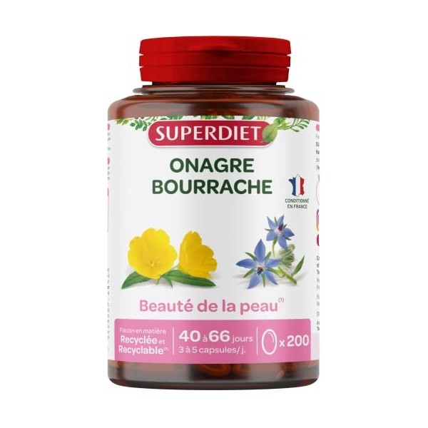 SUPERDIET –HUILE DONAGRE BOURRACHE – Beauté de la peau – Phytothérapie – Conditionné en France – 200 capsules Onagre