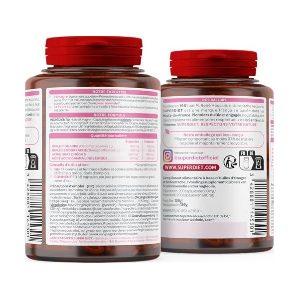 SUPERDIET –HUILE DONAGRE BOURRACHE – Beauté de la peau – Phytothérapie – Conditionné en France – 200 capsules Onagre