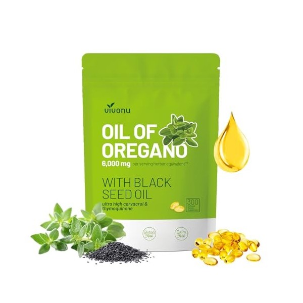 VivoNu dhuile dOrégan, huile dorigan équilibrée avec huile de graines noires, dhuile dorigan biologique, sans OGM Orégan