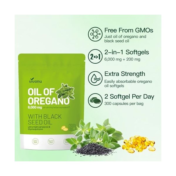 VivoNu dhuile dOrégan, huile dorigan équilibrée avec huile de graines noires, dhuile dorigan biologique, sans OGM Orégan