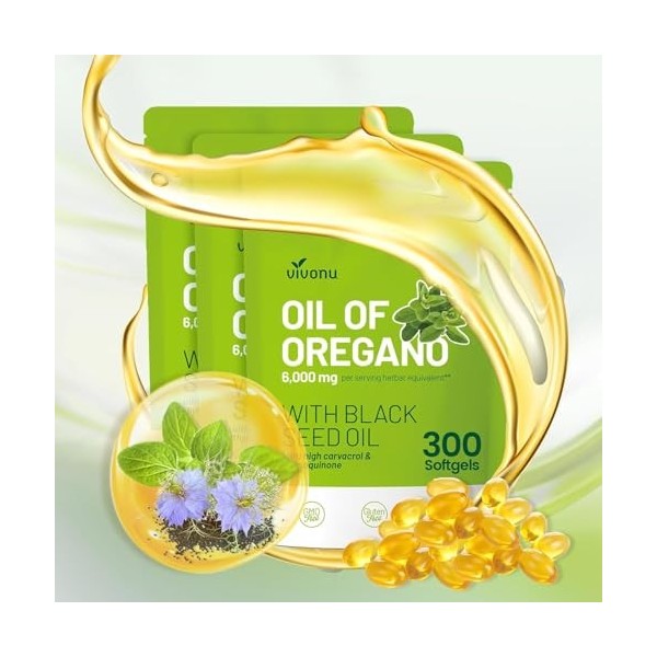 VivoNu dhuile dOrégan, huile dorigan équilibrée avec huile de graines noires, dhuile dorigan biologique, sans OGM Orégan