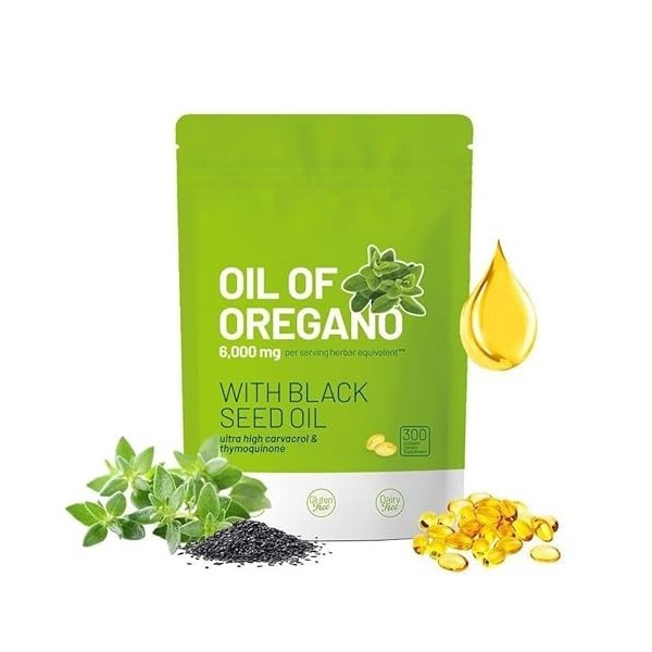 Huile d’Origan & Huile de Nigelle – 300 Gélules Cure 5 Mois – 6000 mg Haute Concentration – Soutien Immunitaire Naturel & B