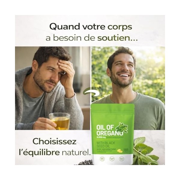 Huile d’Origan & Huile de Nigelle – 300 Gélules Cure 5 Mois – 6000 mg Haute Concentration – Soutien Immunitaire Naturel & B