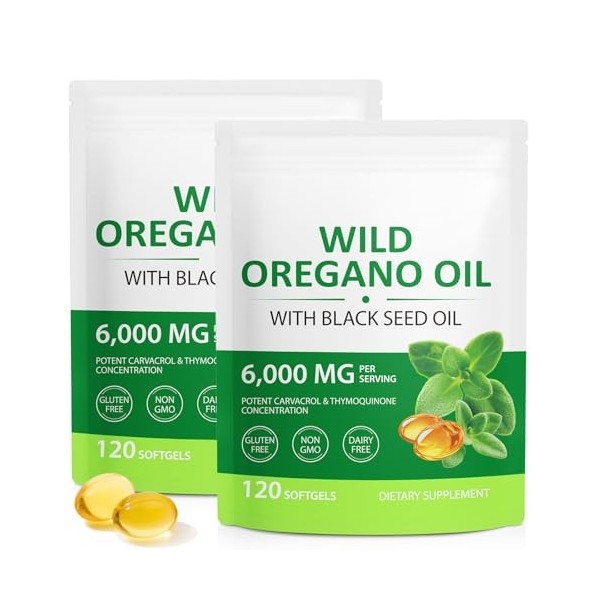 Capsules dhuile dorigan 240 gélules, Oregano Oil Capsules, dorigan bio végétaliennes capsules dhuile- 2 en 1 6000 mg dhu
