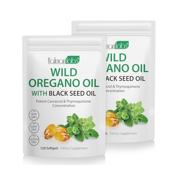 Capsules DHuile DOrigan 120 Softgel, Végétaliennes - 2 En 1 6000 Mg DHuile DOrigan Avec 200 Mg DHuile De Nigelle, Soutie Orégan