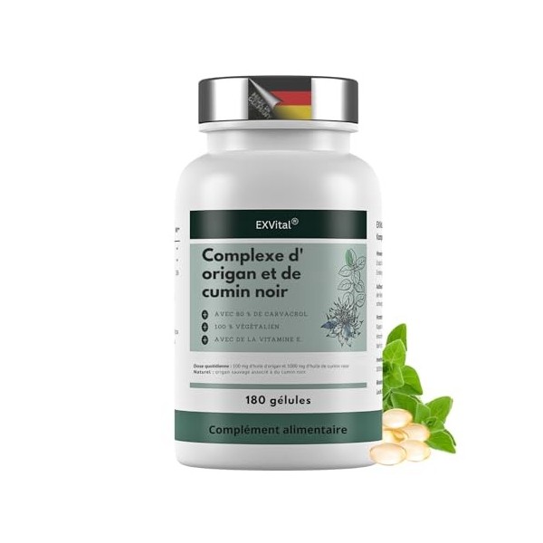 EXVital® Complexe d’huile d’origan & d’huile de nigelle, 180 gélules véganes, 100 mg d’huile d’origan & 1000 mg d’huile de ni