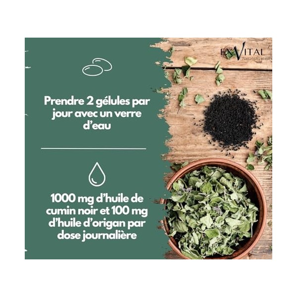 EXVital® Complexe d’huile d’origan & d’huile de nigelle, 180 gélules véganes, 100 mg d’huile d’origan & 1000 mg d’huile de ni