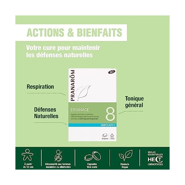 PRANARÔM - Oléocaps 8 - Drainage - Aux Huiles Essentielles Ciblées - Menthe Poivrée, Citron, Gingembre, Cardamome, Mandarine ...