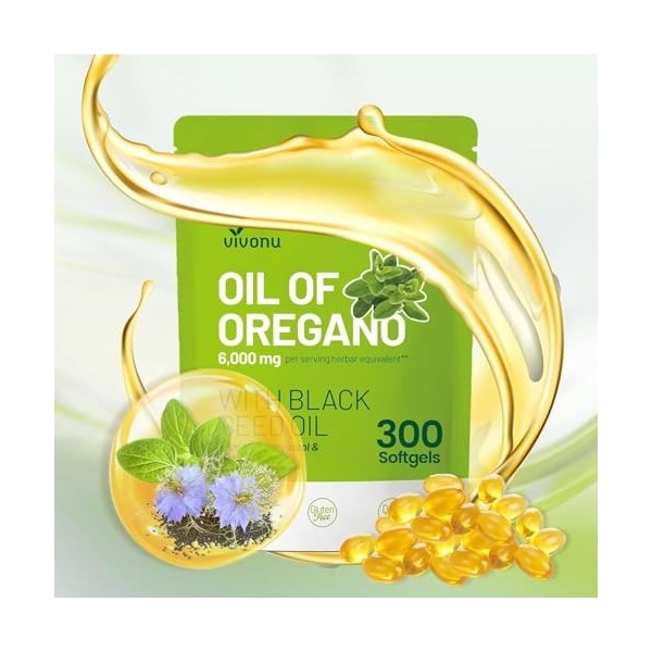 VivoNu dhuile dOrégan, Oil of Oregano with Black Seed Oil, dhuile dorigan biologique, sans OGM, 300 unité