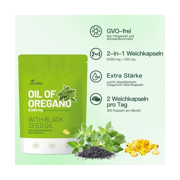 VivoNu dhuile dOrégan, Oil of Oregano with Black Seed Oil, dhuile dorigan biologique, sans OGM, 300 unité