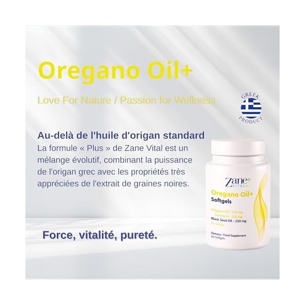 Zane Oregano Oil+ Gélules dhuile dorigan et dhuile de nigelle – avec carvacrol et thymoquinone – Complément alimentaire. S