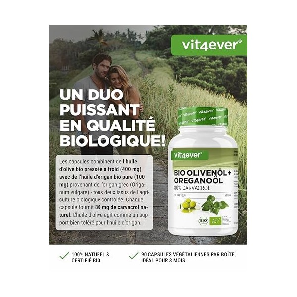 Huile d’origan biologique et carvacrol 80 mg - 90 capsules avec huile d’olive vierge issue de culture contrôlée - Origan grec