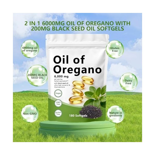 Huile dorigan gélules molles 2 en 1 6000 mg dhuile dorigan avec huiles de graines noires, capsules de supplément dorigan,