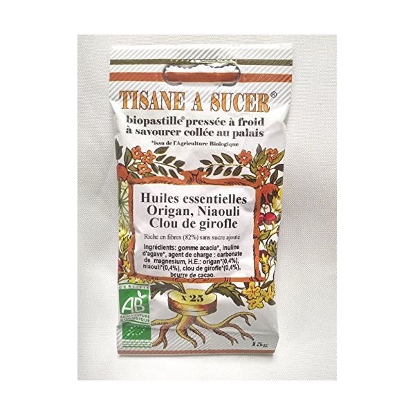 Bio Pastilles Tisane à Sucer Huiles Essentielles Origan Niaouli Girofle Bio - 15g - 25 pastilles