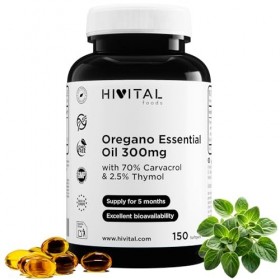 Huile dOrigan 300 mg. 150 capsules pour 5 mois. Avec de lhuile dolive extra vierge, 70% de carvacrol et 2,5% de thymol par
