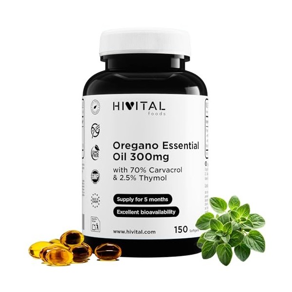 Huile dOrigan 300 mg. 150 capsules pour 5 mois. Avec de lhuile dolive extra vierge, 70% de carvacrol et 2,5% de thymol par