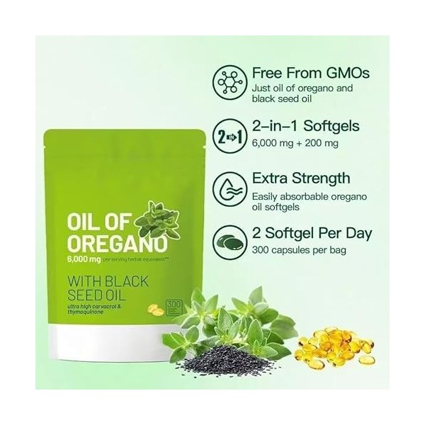 Générique Huile dOrigan en gélules, [Nouveau] Huile dOrigan équilibrée avec de lhuile de graines Noires, sans OGM,1Pcs