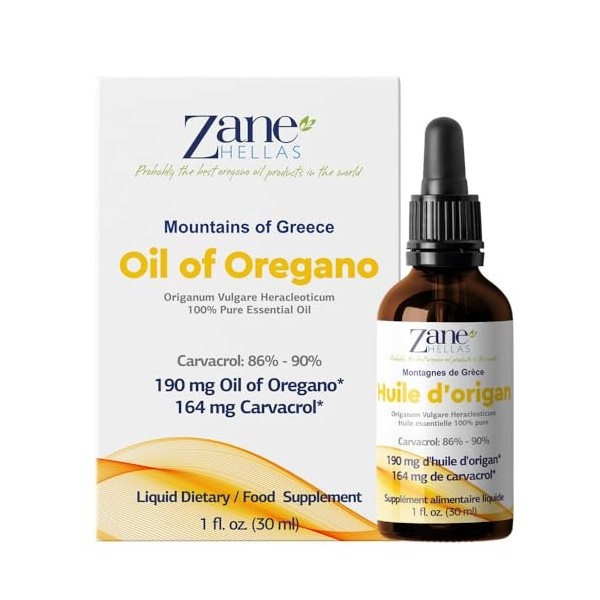 Zane Hellas 100% huile dorigan non diluée.Huile Essentielle Grecque Pure dOrigan.86% Min Carvacrol.164 mg de carvacrol par 