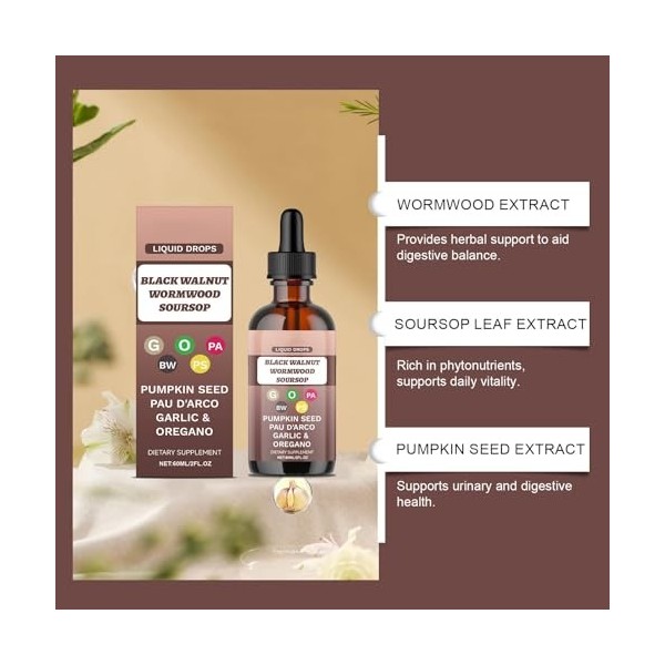 Noyer Noir Corossol - Gouttes Naturelles avec Graines de Citrouille, Ail et Origan, Extrait Plantes Naturelle Multi-Herbes po